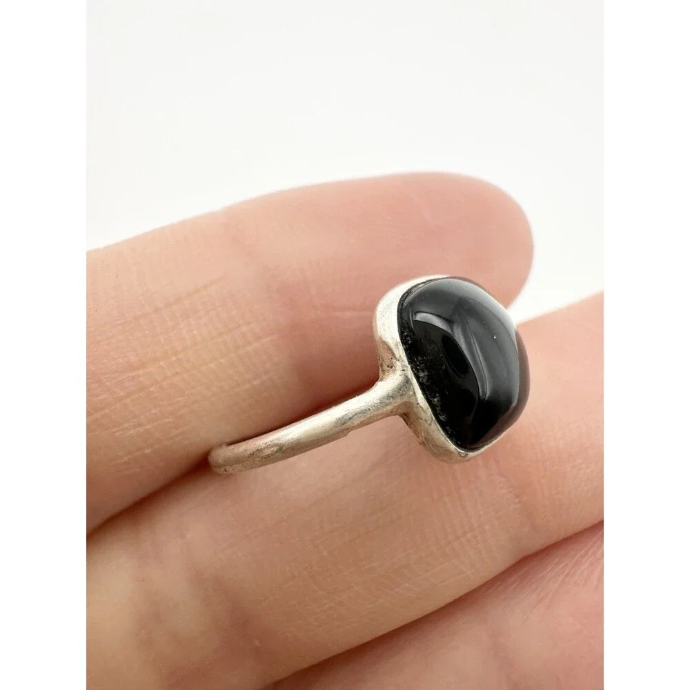 Natural Black Onyx Cushion Shape 925 Sterling Silver Ring Size 3